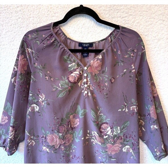 Chaps‎ Purple Mauve Pink Floral Semi-Sheer 3/4 Sleeve Vneck Top Blouse Large - Picture 3 of 10